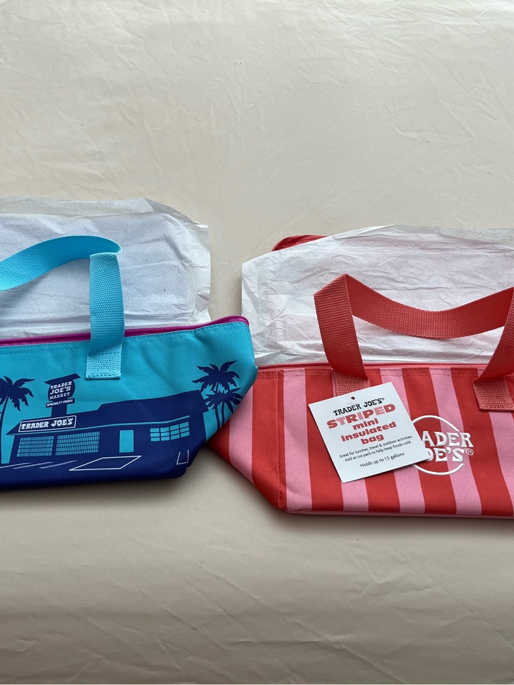 2 Trader Joe’s Striped Mini Insulated Bag - Pink/Red and Blue NWT